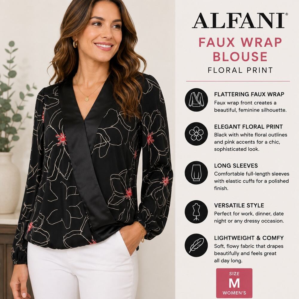 Alfani Womens Faux Wrap Floral Blouse Top Black Pink Long Sleeve Medium NWT